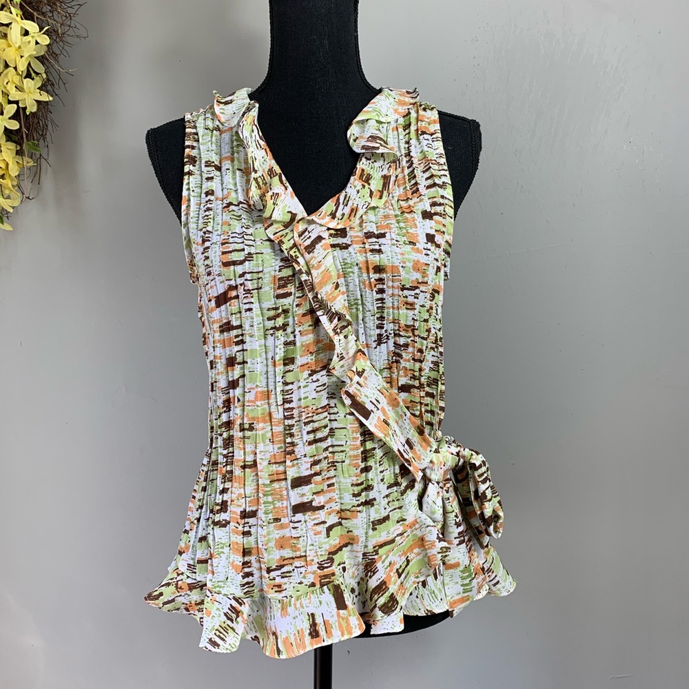 Sunny Leigh Sleeveless Ruffled V-Neck Blouse in White, Green & Brown